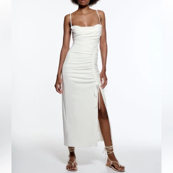 NWT Zara White Draped Midi Dress - Picture 3 of 13